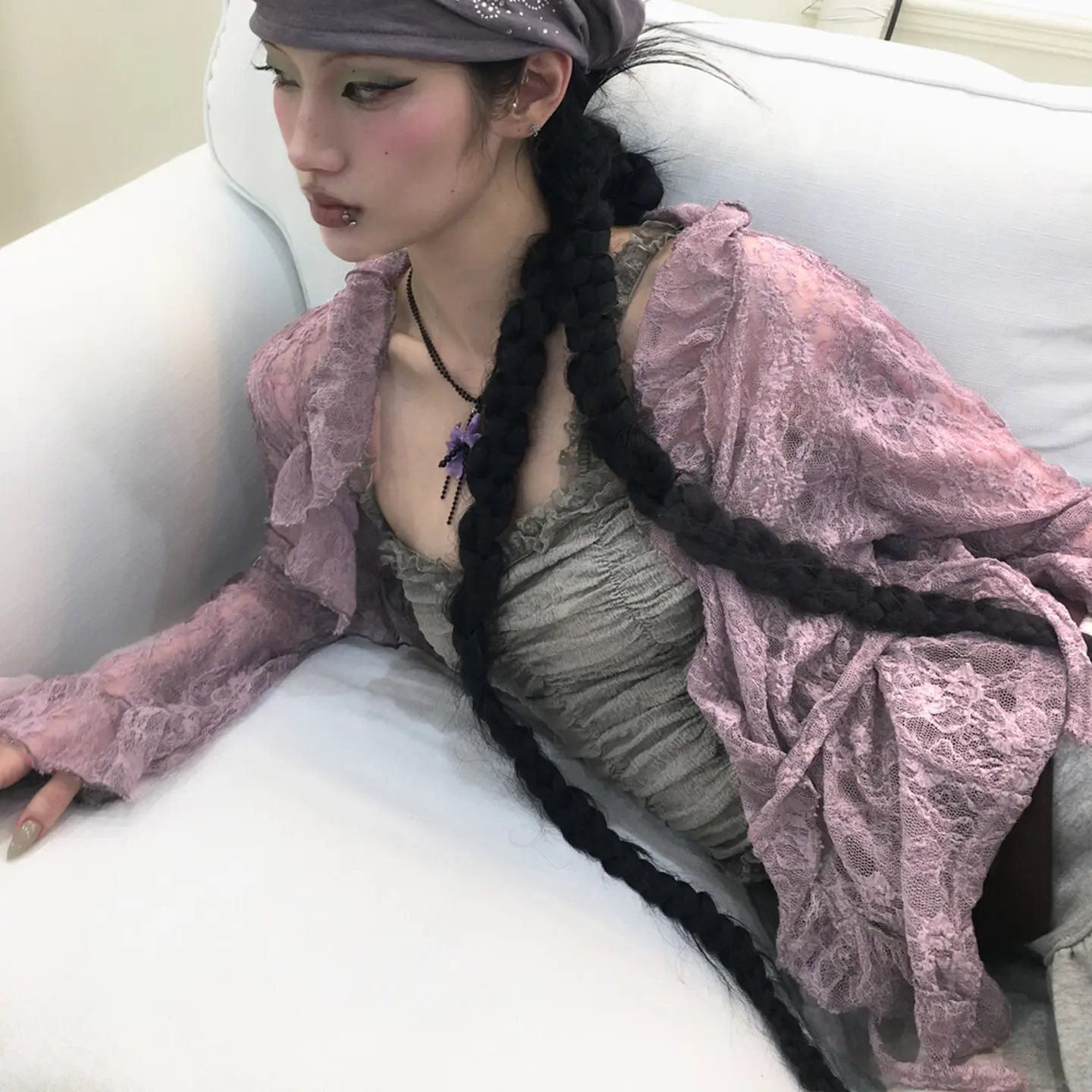 Women's Lace Sheer Blouse Top Fairycore Grunge Y2K Aesthetic Ruffle Lace-up Long Sleeve Sun Protection Shirt for Spring Fall