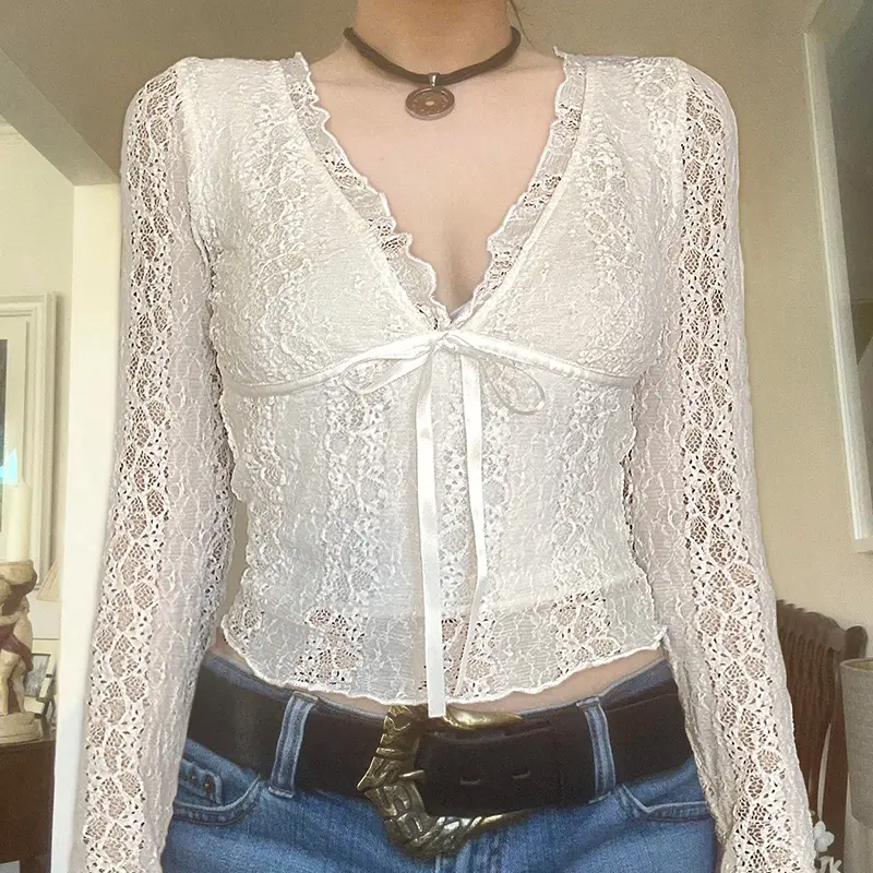 Rockmore Sexy Semi-see-through Lace Mesh Tops Women Long Sleeve Slim Y2k Aesthetic Harajuku Vintage Grunge Fairycore Clothing