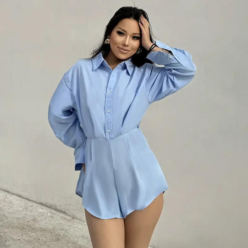 Rockmore Women's Solid Color Casual Shirt Romper Loose-Fit Long Sleeve Single Button Front Jumpsuit Spring & Fall Fashion