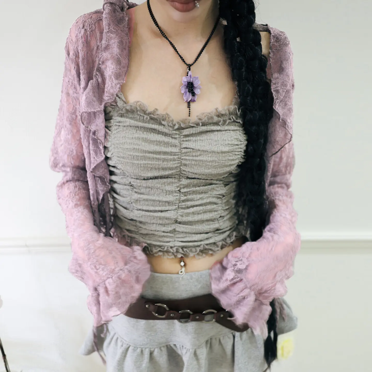 Women's Lace Sheer Blouse Top Fairycore Grunge Y2K Aesthetic Ruffle Lace-up Long Sleeve Sun Protection Shirt for Spring Fall