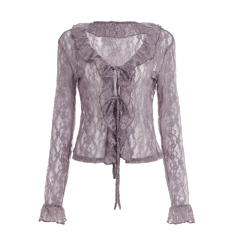 Women's Lace Sheer Blouse Top Fairycore Grunge Y2K Aesthetic Ruffle Lace-up Long Sleeve Sun Protection Shirt for Spring Fall
