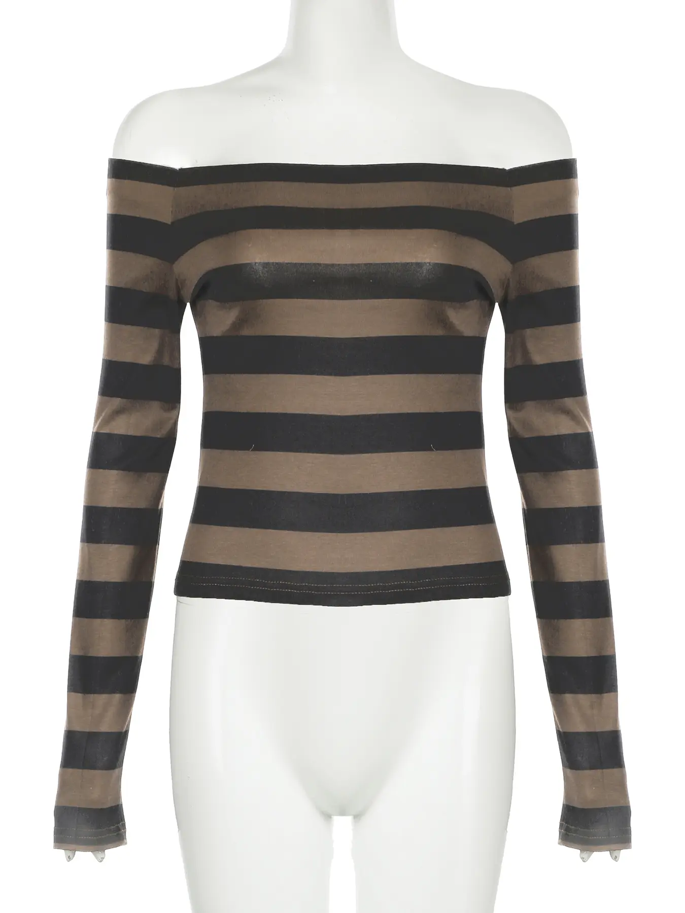 Rockmore Slim Striped One-Shoulder T-Shirt Korean Long Sleeve Knitted High Street Women Top Harajuku Casual Basics Tees Y2k Chic
