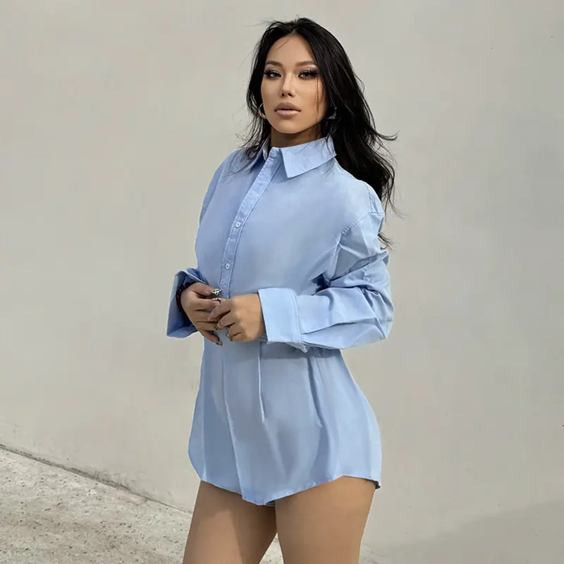 Rockmore Women's Solid Color Casual Shirt Romper Loose-Fit Long Sleeve Single Button Front Jumpsuit Spring & Fall Fashion