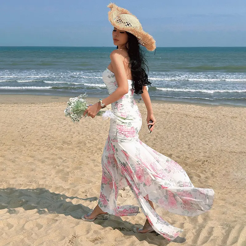 Rockmore Mesh Floral Long Dress for Woman Sexy Irregular Strapless Tube Dresses Summer Beach Vacation Outfits