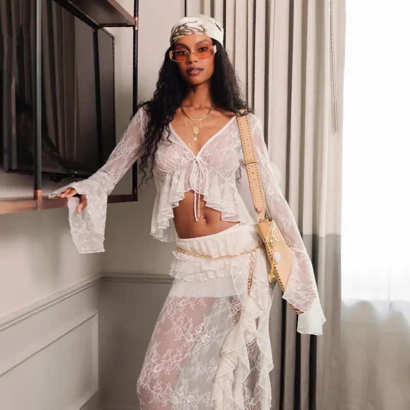 Women's Lace Ruffle Maxi Skirt Sets Sexy See Through Slim Club Party Outfits Summer Fashion Beach Holiday Two Piece Set 2025