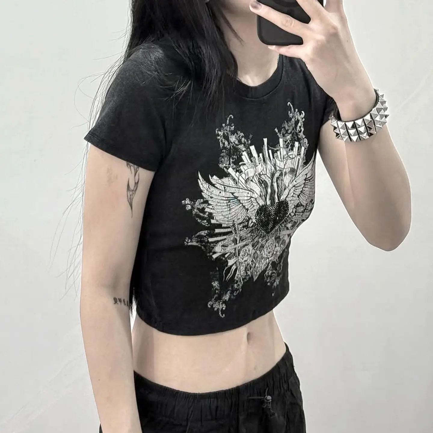 Rockmore Goth Print Women's O-Neck T Shirt Summer 90s Vintage Casual Short Sleeve Crop Tops Y2K Punk Street Slim T-shirt 2025