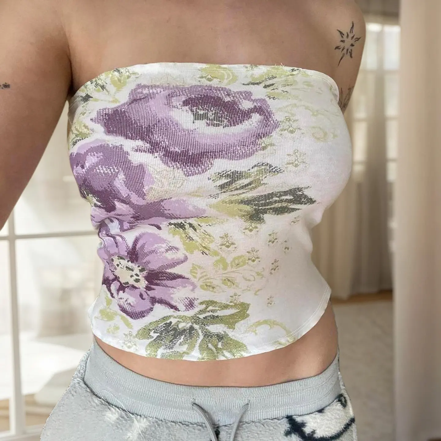 Women's Floral Print Tube Tops Summer Sexy Backless Bustiers Chic Y2K Aesthetic Korean Skinny Crop Camisole Fairycore Grunge