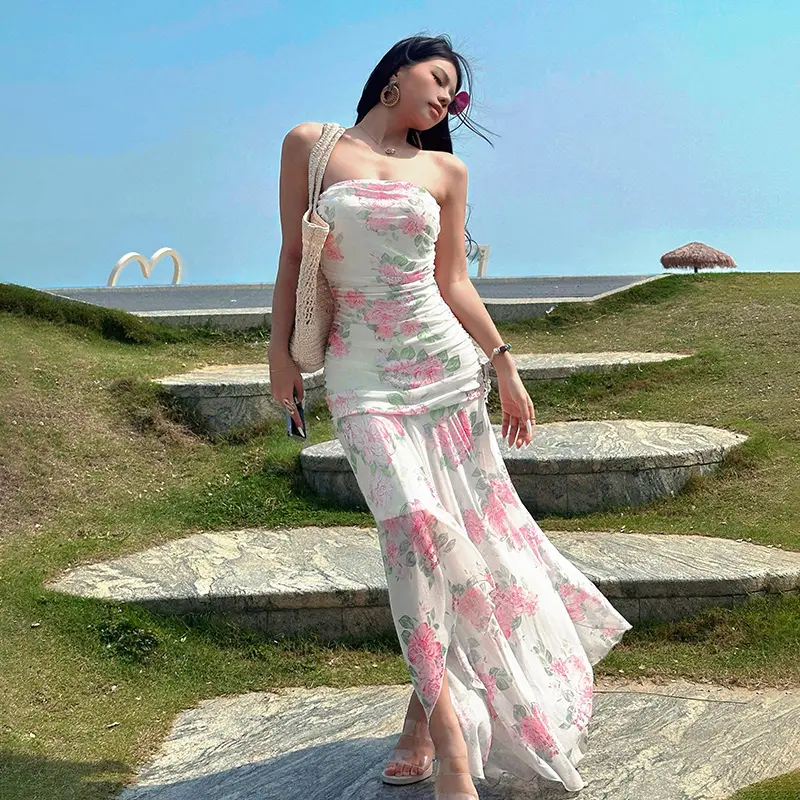 Rockmore Mesh Floral Long Dress for Woman Sexy Irregular Strapless Tube Dresses Summer Beach Vacation Outfits