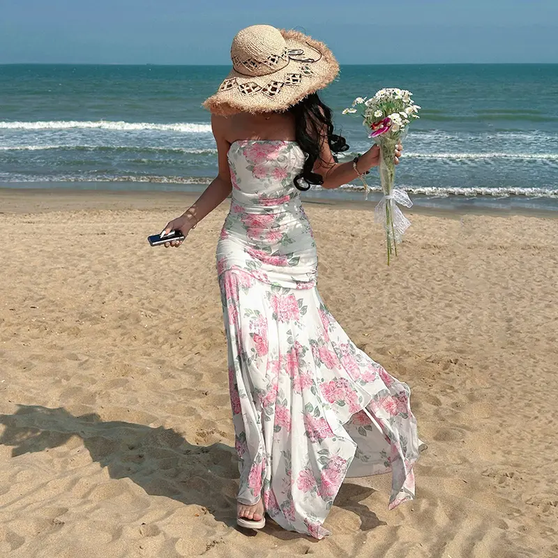 Rockmore Mesh Floral Long Dress for Woman Sexy Irregular Strapless Tube Dresses Summer Beach Vacation Outfits