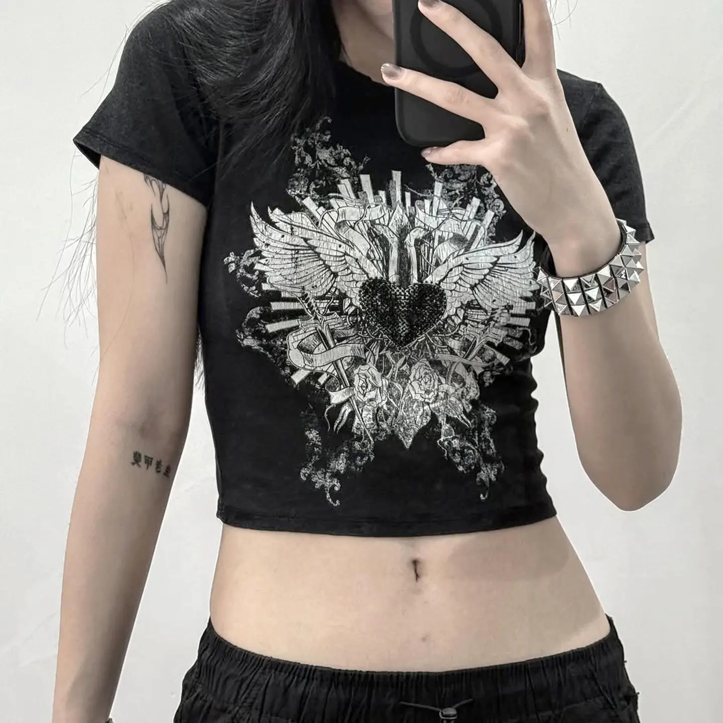 Rockmore Goth Print Women's O-Neck T Shirt Summer 90s Vintage Casual Short Sleeve Crop Tops Y2K Punk Street Slim T-shirt 2025