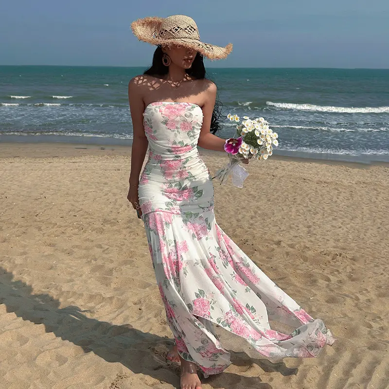 Rockmore Mesh Floral Long Dress for Woman Sexy Irregular Strapless Tube Dresses Summer Beach Vacation Outfits