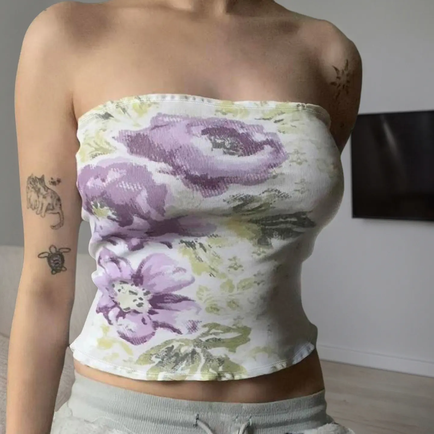 Women's Floral Print Tube Tops Summer Sexy Backless Bustiers Chic Y2K Aesthetic Korean Skinny Crop Camisole Fairycore Grunge