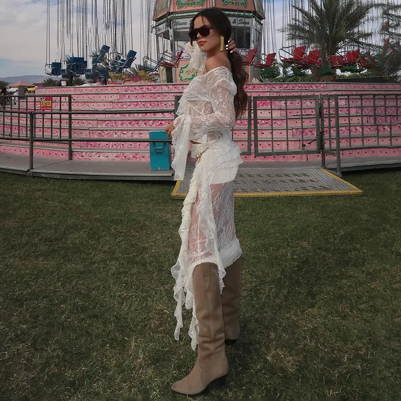 Women's Lace Ruffle Maxi Skirt Sets Sexy See Through Slim Club Party Outfits Summer Fashion Beach Holiday Two Piece Set 2025