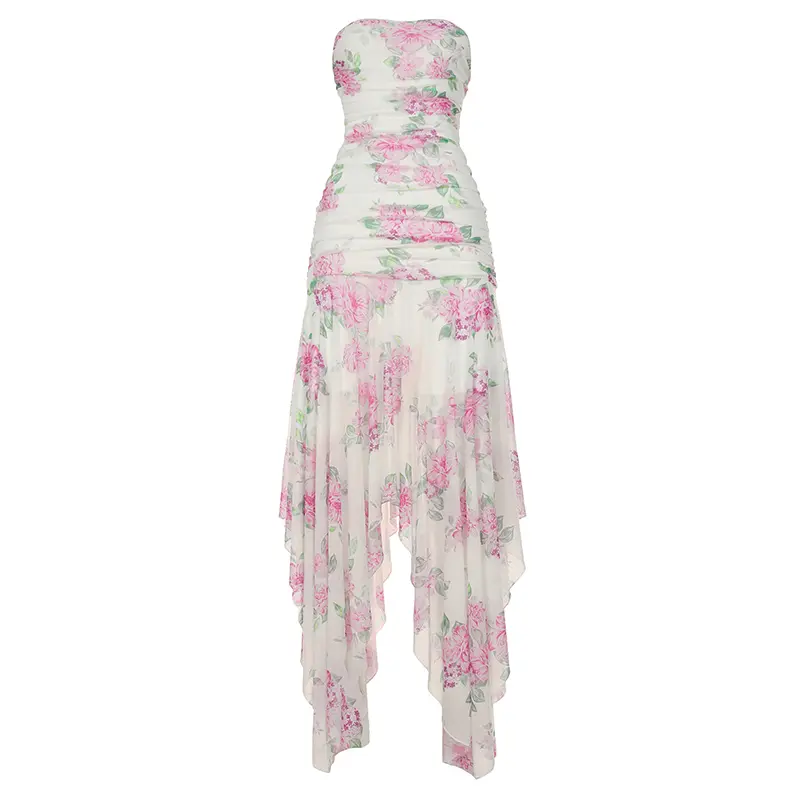 Rockmore Mesh Floral Long Dress for Woman Sexy Irregular Strapless Tube Dresses Summer Beach Vacation Outfits