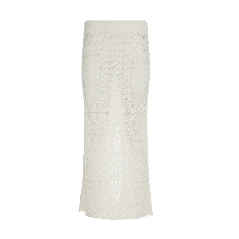 Rockmore Hollow out Knitted Long Skirt for Women Elegant Solid Slim High Waist Split Wrap Design for Spring Summer Beach Holiday