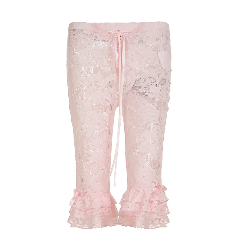 Lace Jacquard Sexy Knee-length Pants Women Shirring Tierred Coquette Shorts Summer Hipster Wild Basic Midnight Club Party Bottom