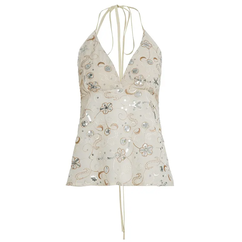 Rockmore Floral Print Halter Top Sequined Chiffon Fabric Sexy Backless V Neck Camisole Summer Crop Top for Beach Vacation