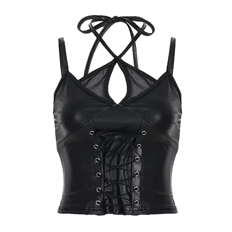 Rockmore Women's PU Leather Cross Tie Backless Camisole Mesh Patchwork Halter Neck Corset Punk Gothic Street Crop Top