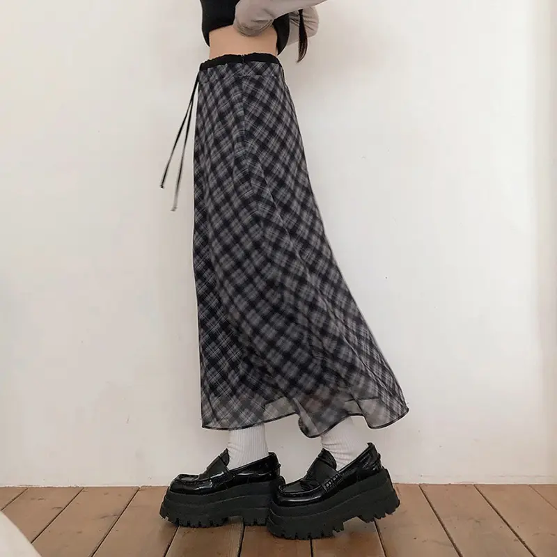 Rockmore Women's Checkered Long Skirt Fairycore Grunge Y2K Aesthetics Double Layers Chiffon High Waist Skirts Vintage Outfit