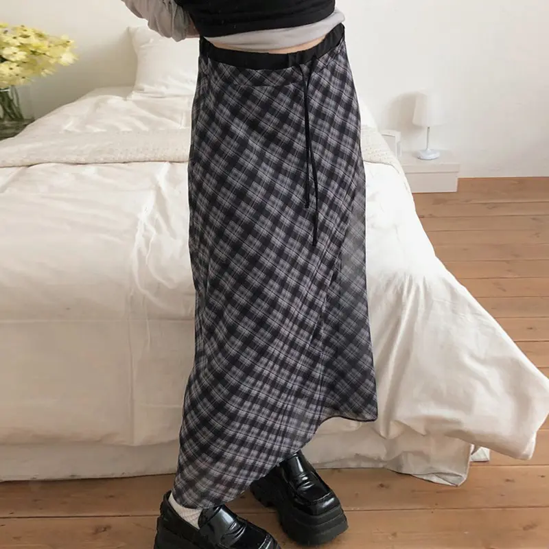 Rockmore Women's Checkered Long Skirt Fairycore Grunge Y2K Aesthetics Double Layers Chiffon High Waist Skirts Vintage Outfit