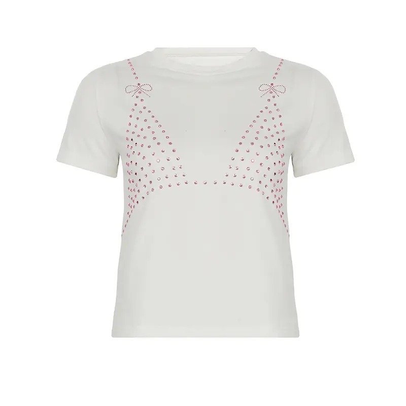 Rockmore Bikini Shape Rhinestone Print Short Sleeve T-Shirt Summer Basic Casual Crop Top Women's Fashion Tee Comfortable 2025