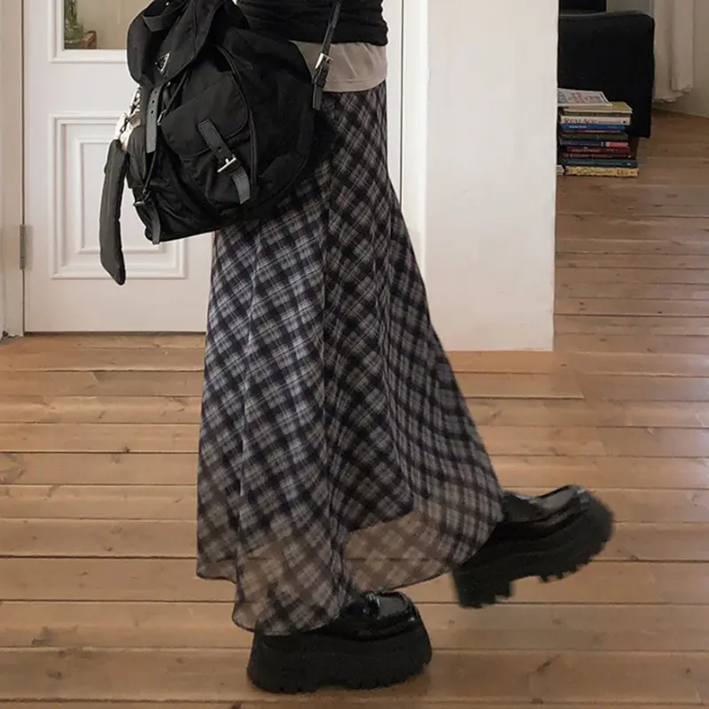 Rockmore Women's Checkered Long Skirt Fairycore Grunge Y2K Aesthetics Double Layers Chiffon High Waist Skirts Vintage Outfit