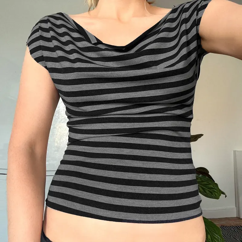 Rockmore Women's Striped Print T Shirt Asymmetrical Swing Collar Crop Tops Y2K Coquette Bat Sleeve T-shirt Ladies Summer Casual