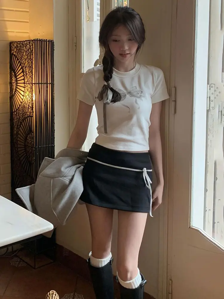 Rockmore Bow Ribbon Stitching Mini Skirts Coquette Outfits Low Waist Elastic Short Skirts Y2K Aesthetic Fairycore Korean New