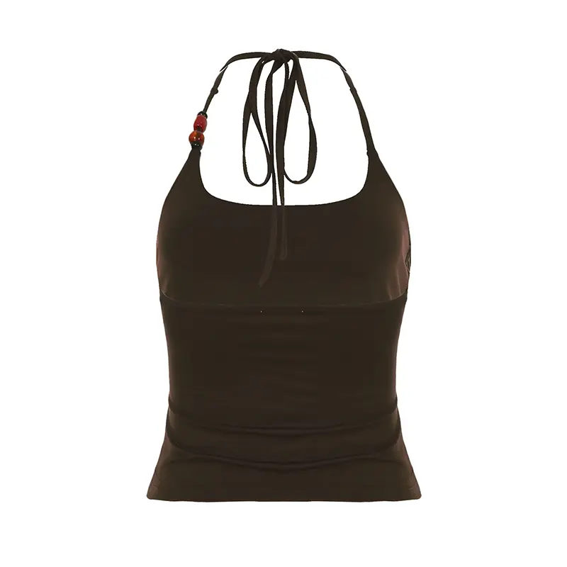 Brown Women's Beads Decor Halter Crop Top Boho Lace Up Backless Camisole for Beach Holiday Vacation Summer Sleeveless Vest