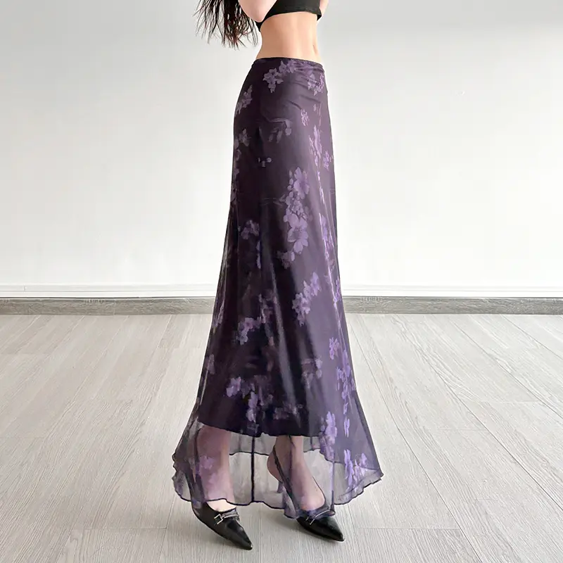 Purple Women's Floral Print Tulle Skirt Boho Fashion Casual Long Skirt for Daily Holiday Vacation Ladies Vintage Elegant Bottoms