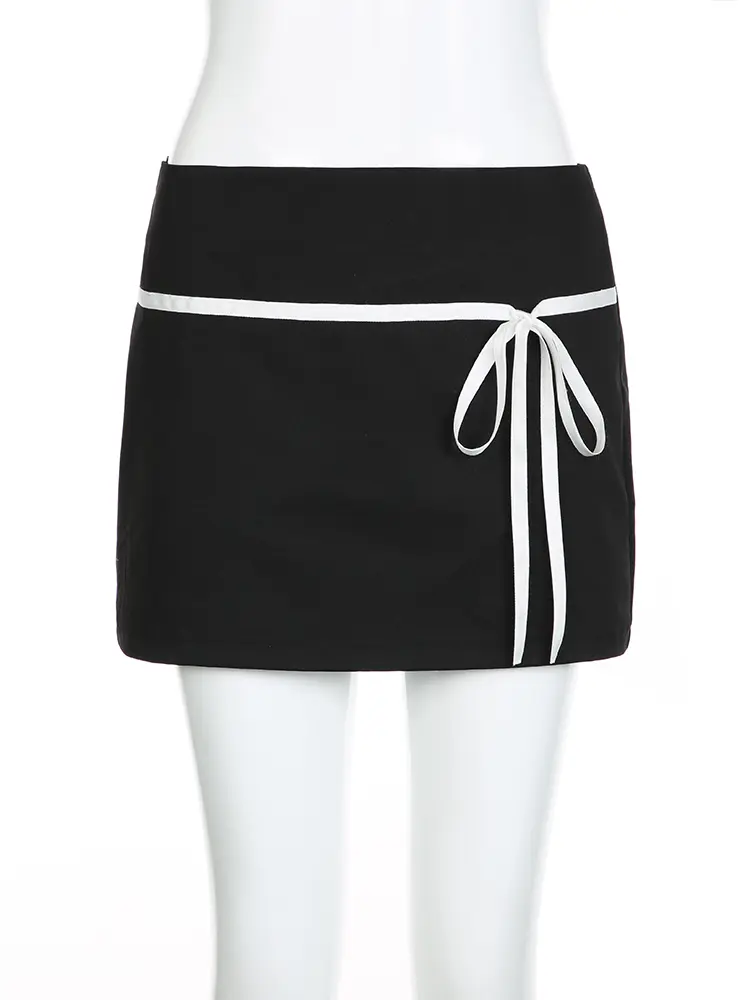 Rockmore Bow Ribbon Stitching Mini Skirts Coquette Outfits Low Waist Elastic Short Skirts Y2K Aesthetic Fairycore Korean New