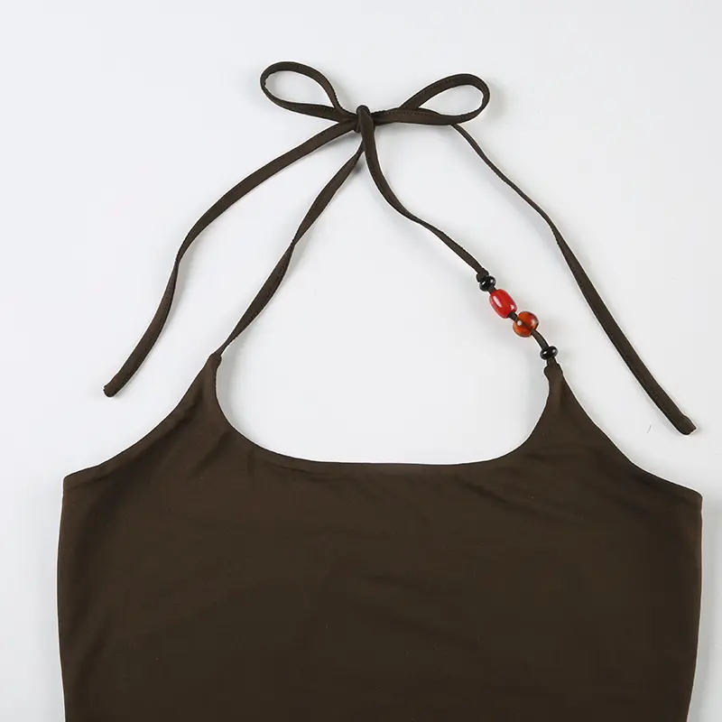 Brown Women's Beads Decor Halter Crop Top Boho Lace Up Backless Camisole for Beach Holiday Vacation Summer Sleeveless Vest