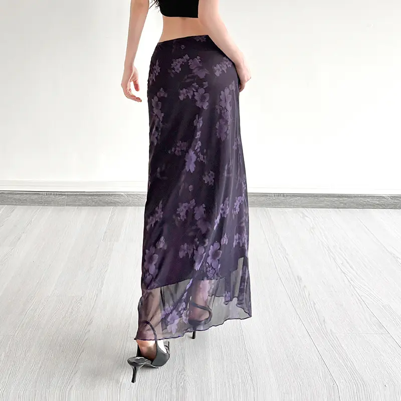 Purple Women's Floral Print Tulle Skirt Boho Fashion Casual Long Skirt for Daily Holiday Vacation Ladies Vintage Elegant Bottoms
