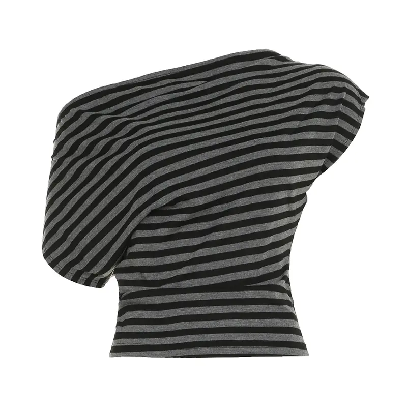 Rockmore Women's Striped Print T Shirt Asymmetrical Swing Collar Crop Tops Y2K Coquette Bat Sleeve T-shirt Ladies Summer Casual