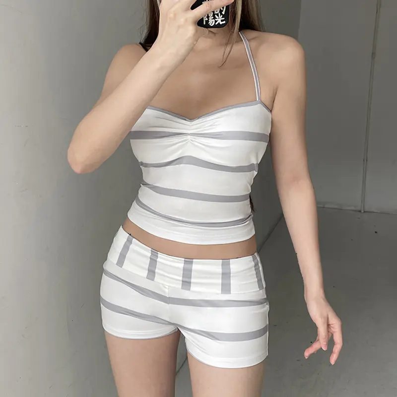 Two-piece Women's Contrast Stripes Halter Cami Top & Mini Shorts Set Casual Breathable Crop Top Short Pants Outfits Y2k coquette