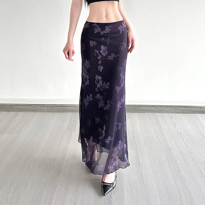 Purple Women's Floral Print Tulle Skirt Boho Fashion Casual Long Skirt for Daily Holiday Vacation Ladies Vintage Elegant Bottoms