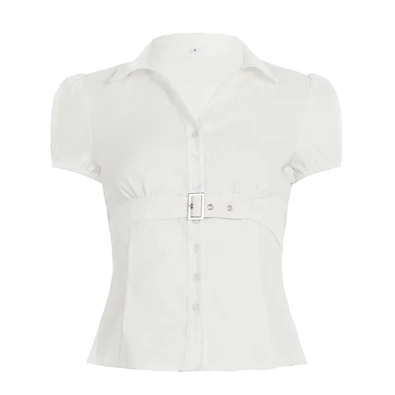 Rockmoer Women's Solid White Short Sleeve Shirt with Belted Waist Design Elegant Office Ladies Button-Down Collared Top Comfort