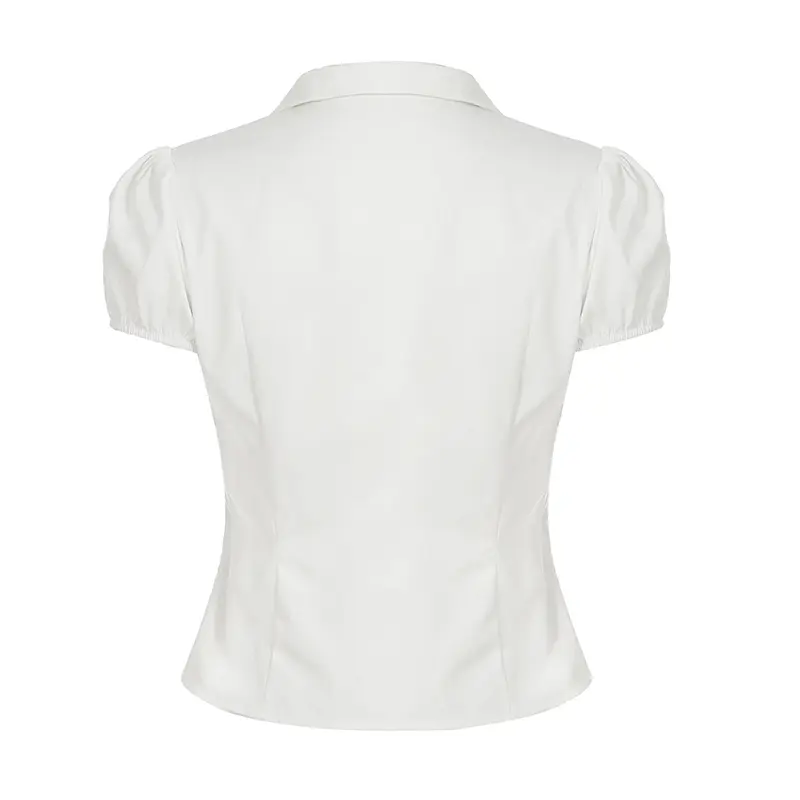 Rockmoer Women's Solid White Short Sleeve Shirt with Belted Waist Design Elegant Office Ladies Button-Down Collared Top Comfort