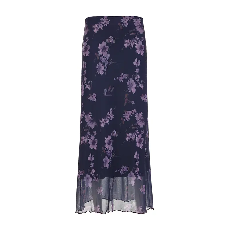 Purple Women's Floral Print Tulle Skirt Boho Fashion Casual Long Skirt for Daily Holiday Vacation Ladies Vintage Elegant Bottoms