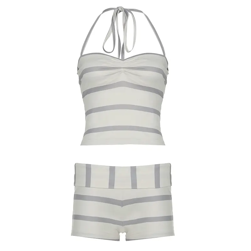Two-piece Women's Contrast Stripes Halter Cami Top & Mini Shorts Set Casual Breathable Crop Top Short Pants Outfits Y2k coquette