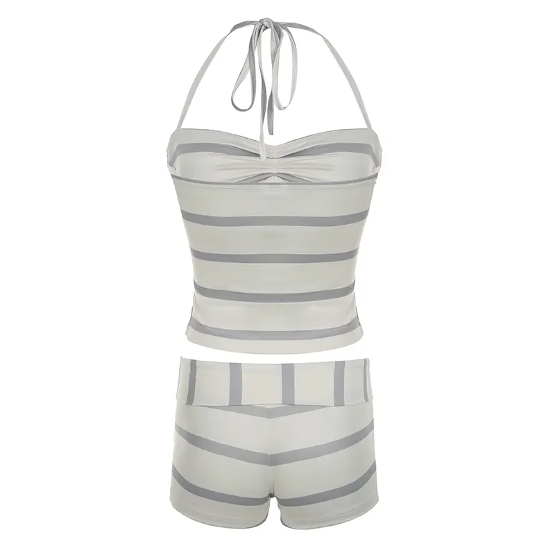 Two-piece Women's Contrast Stripes Halter Cami Top & Mini Shorts Set Casual Breathable Crop Top Short Pants Outfits Y2k coquette