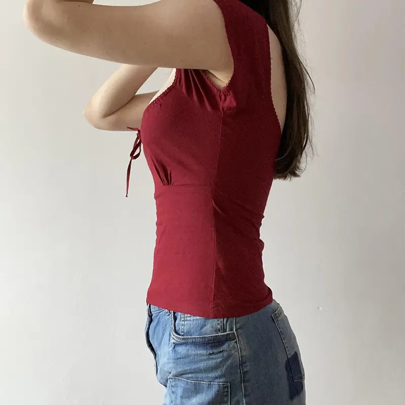 Rockmore Women'S Square Neck Solid Color T-Shirt Fashion Simple Sweet Slim Top Chic Bow Tie Casual Basic Short Sleeve Top Korean