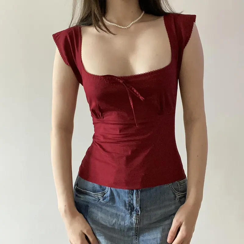 Rockmore Women'S Square Neck Solid Color T-Shirt Fashion Simple Sweet Slim Top Chic Bow Tie Casual Basic Short Sleeve Top Korean