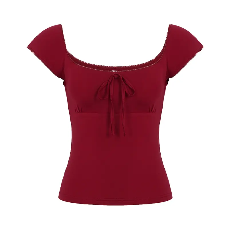 Rockmore Women'S Square Neck Solid Color T-Shirt Fashion Simple Sweet Slim Top Chic Bow Tie Casual Basic Short Sleeve Top Korean