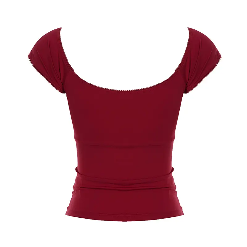 Rockmore Women'S Square Neck Solid Color T-Shirt Fashion Simple Sweet Slim Top Chic Bow Tie Casual Basic Short Sleeve Top Korean