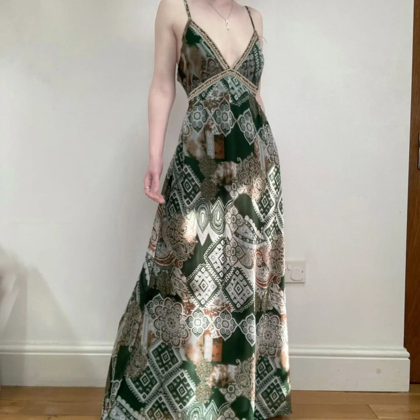 Boho Vintage Print Women's Cami Dress Chiffon V Neck Spaghetti Strap Long Dresses for Holiday Vacation Summer vestido femininos