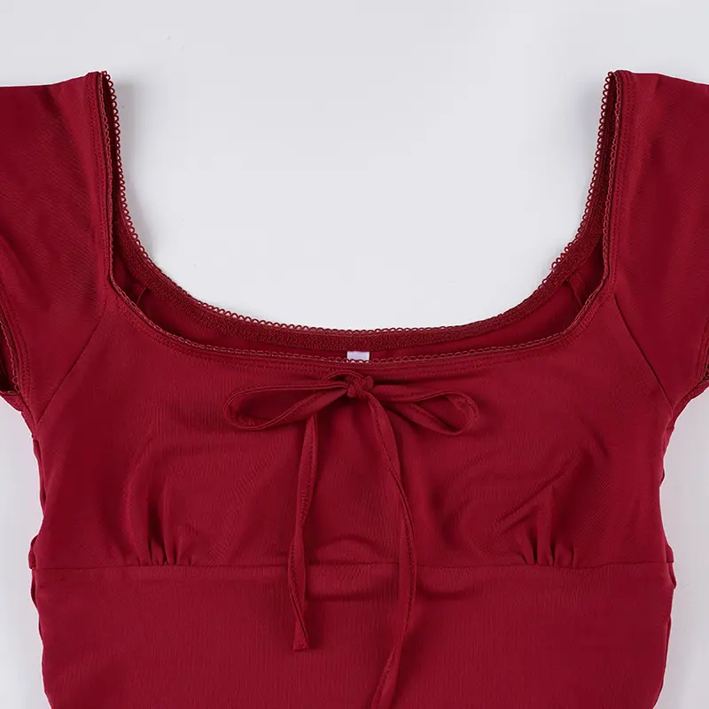 Rockmore Women'S Square Neck Solid Color T-Shirt Fashion Simple Sweet Slim Top Chic Bow Tie Casual Basic Short Sleeve Top Korean
