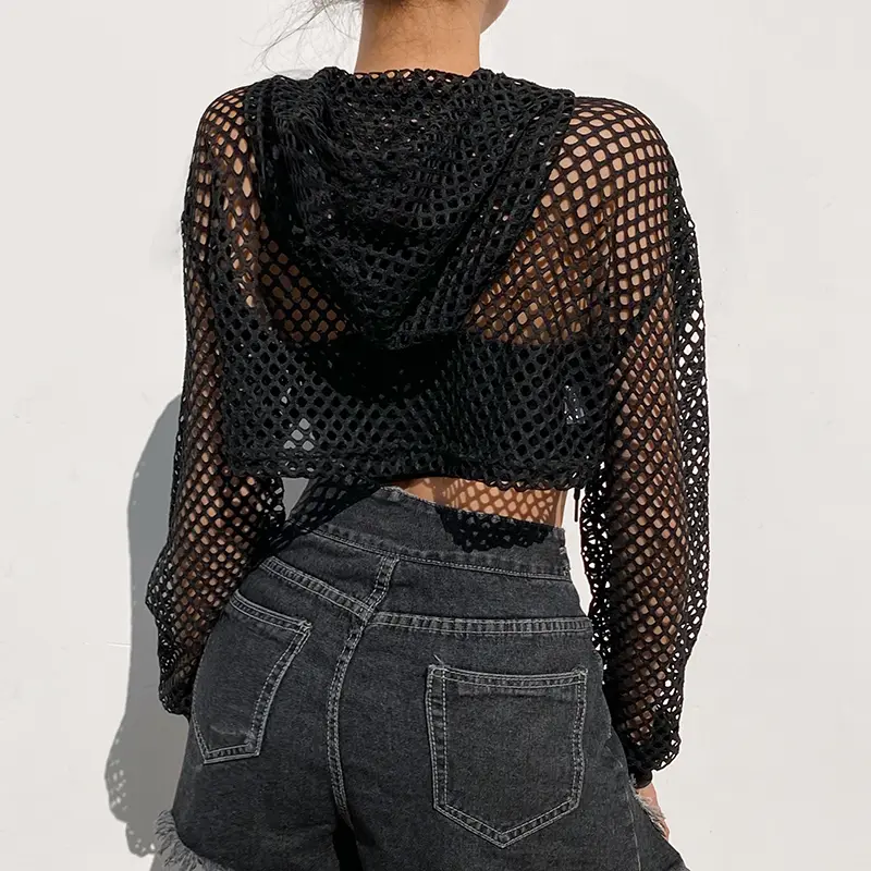 Rockmore Sexy Black Mesh Fishnet Top Women's Tshirt See Through Smock Long Sleeve T-shirts Cropped Top Tee Shirt Streetwear 2021