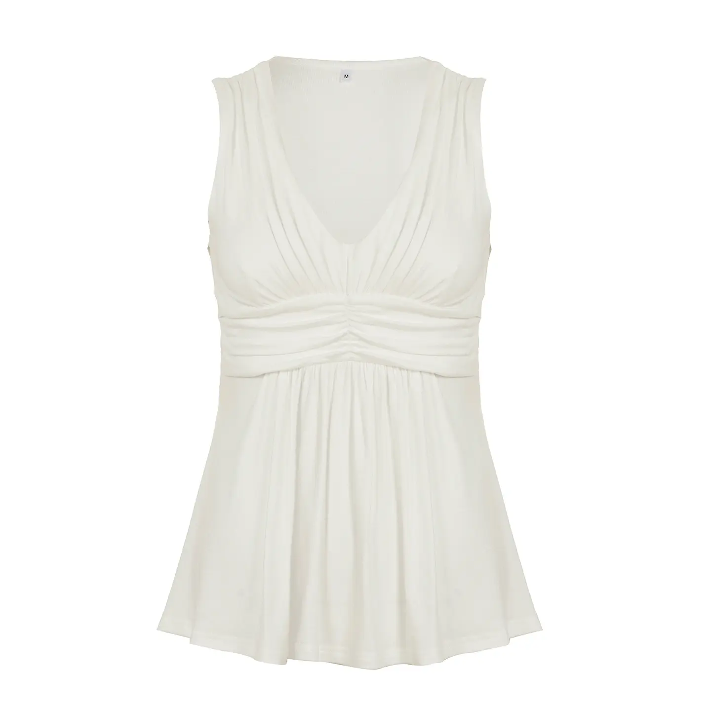 Rockmore White Women's Pleated Slim Vest Solid Color V Neck A-line Tops Sleeveless Camisole Summer Women's Tank Top
