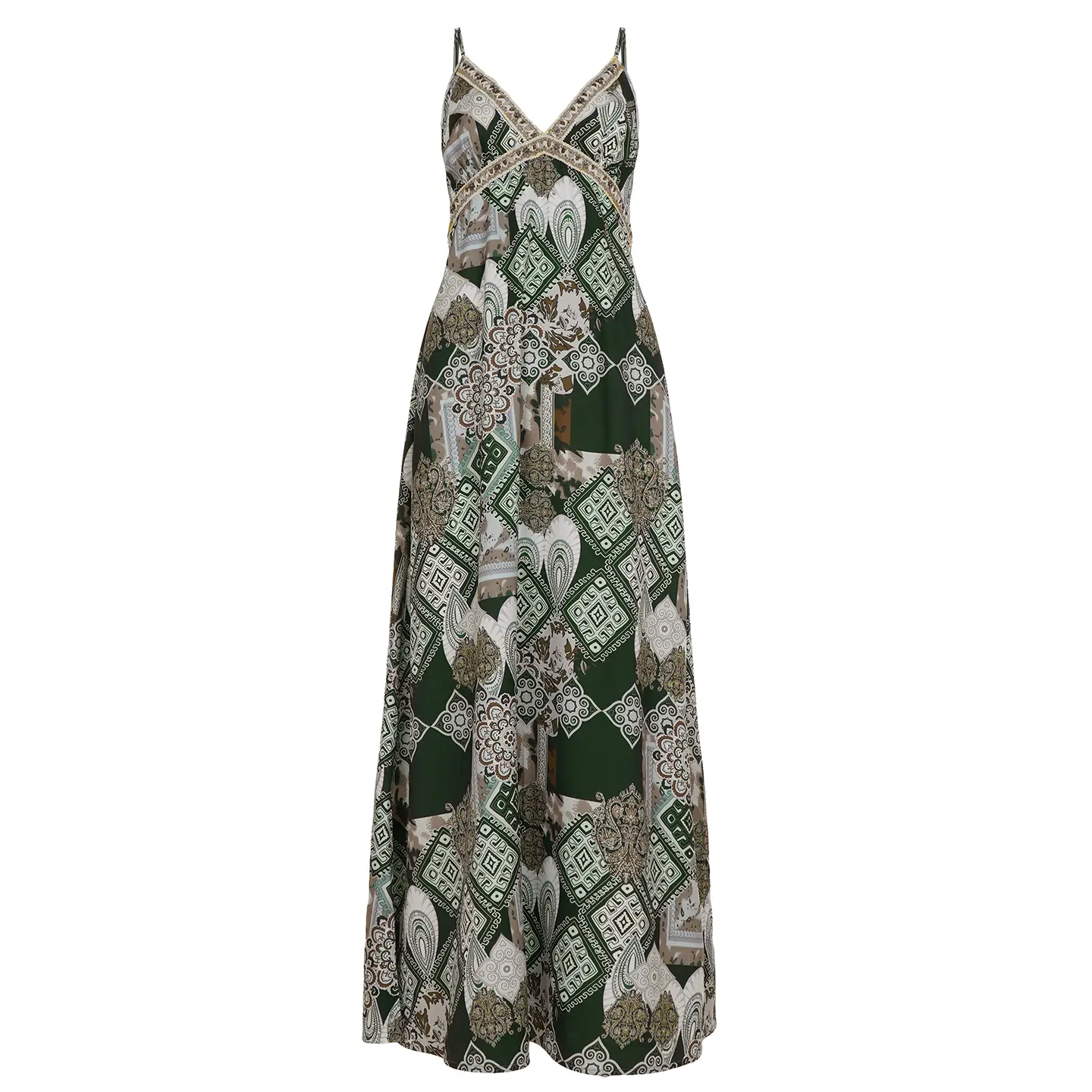 Boho Vintage Print Women's Cami Dress Chiffon V Neck Spaghetti Strap Long Dresses for Holiday Vacation Summer vestido femininos